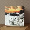 Embroidered sunset snow scene blank Card. 