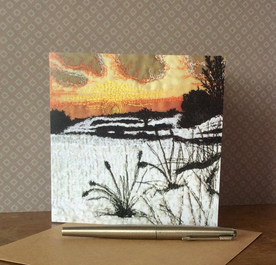 Embroidered sunset snow scene blank Card. 