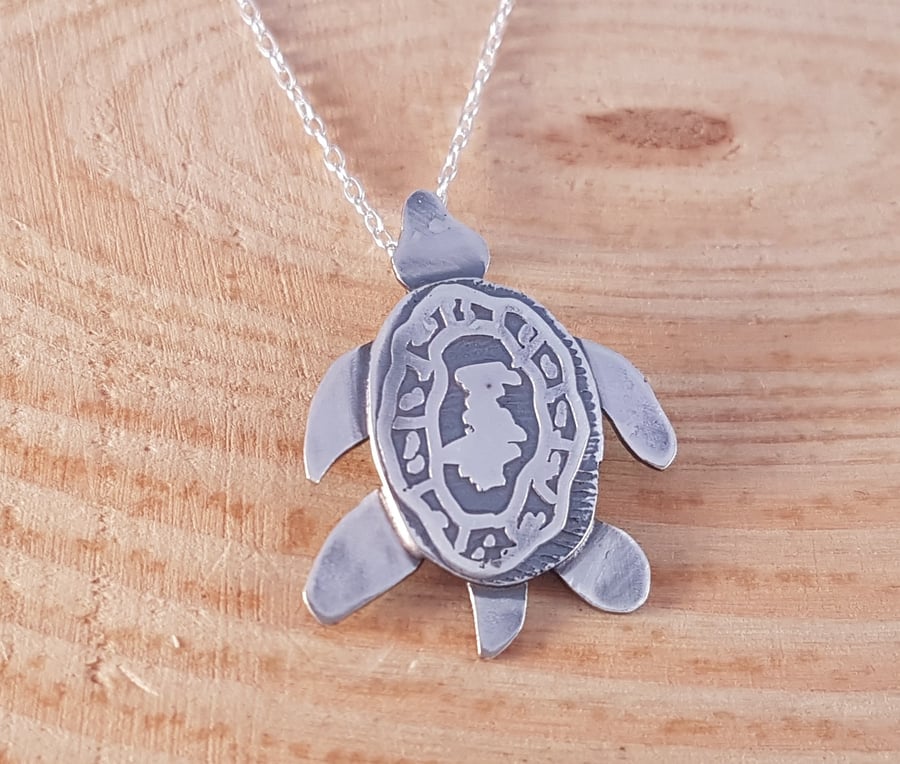 Sterling Silver Etched Turtle Necklace Pendant