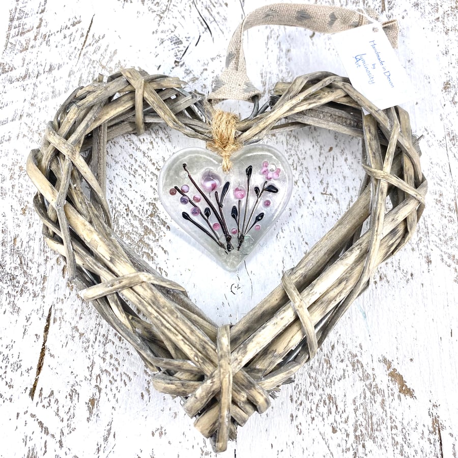 Floral Glass & Wicker Heart with co-ordinating Ribbon