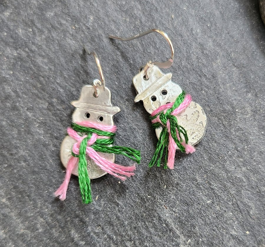 Snowman earrings in pewter with sterling silver ear wires