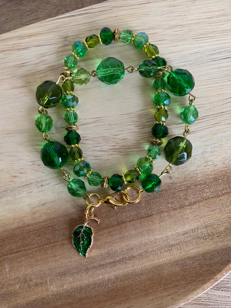  Emerald Green & Gold Duo of Bracelets with Gold Plated Enamel Leaf Charm