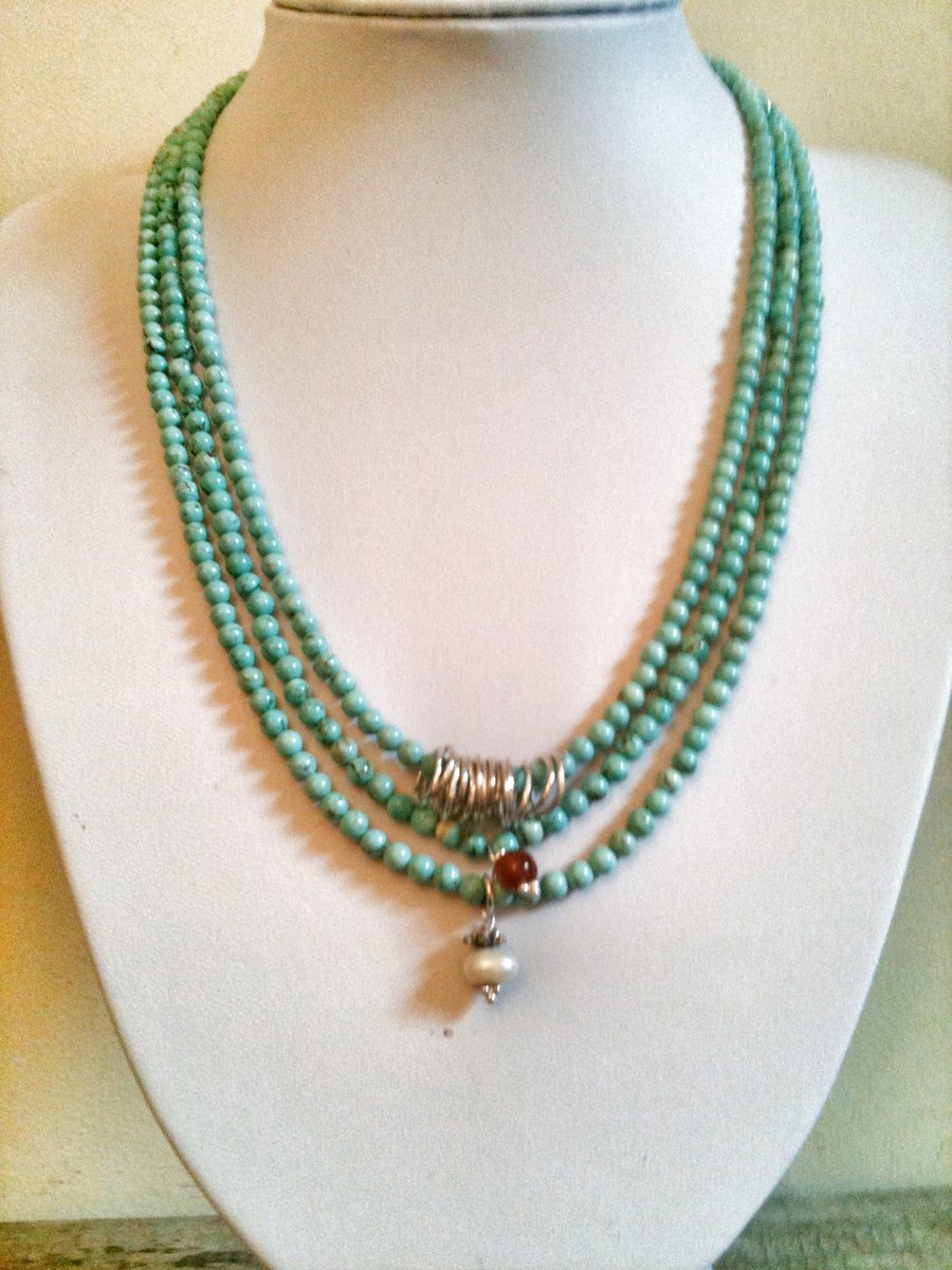 Turquoise and Sterling Silver Triple Strand Necklace
