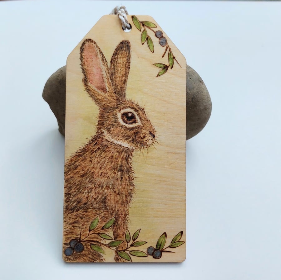 Hare and blackthorn pyrography hanging tag