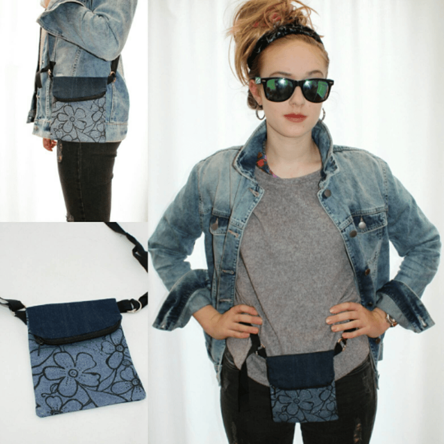 Hip belt bag,Handmade denim across body festival bag,reversible,2 way wear,gift