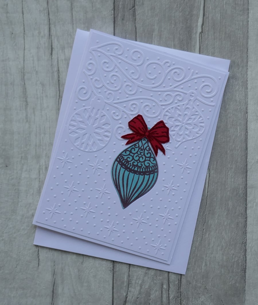 Turquoise Bauble with Red Bow - Christmas Card