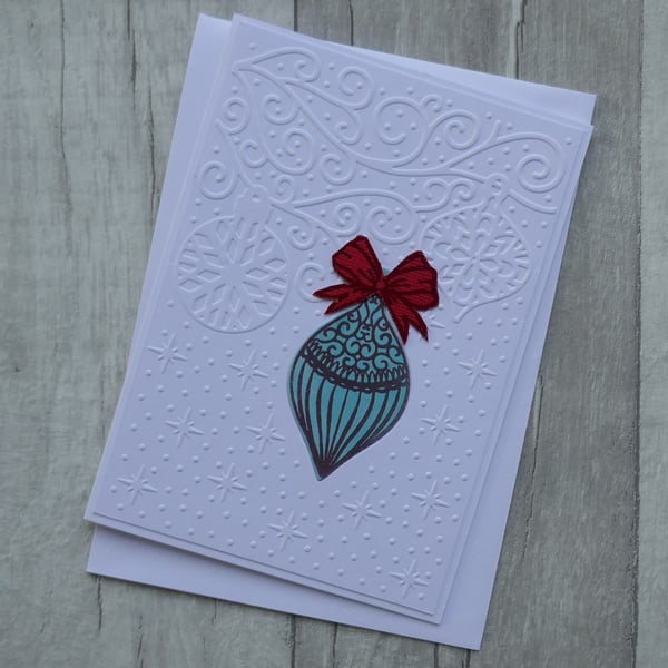 Turquoise Bauble with Red Bow - Christmas Card