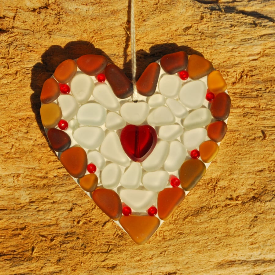 Beach glass mosaic with red heart