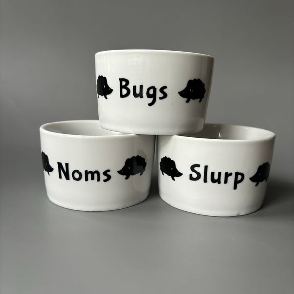 Deep edge ceramic hedgehog food and water bowls. Noms, slurp and bugs bowls.