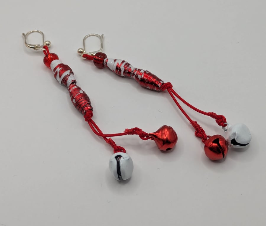 Red and White Paper Bead Christmas Double Bell Earrings 