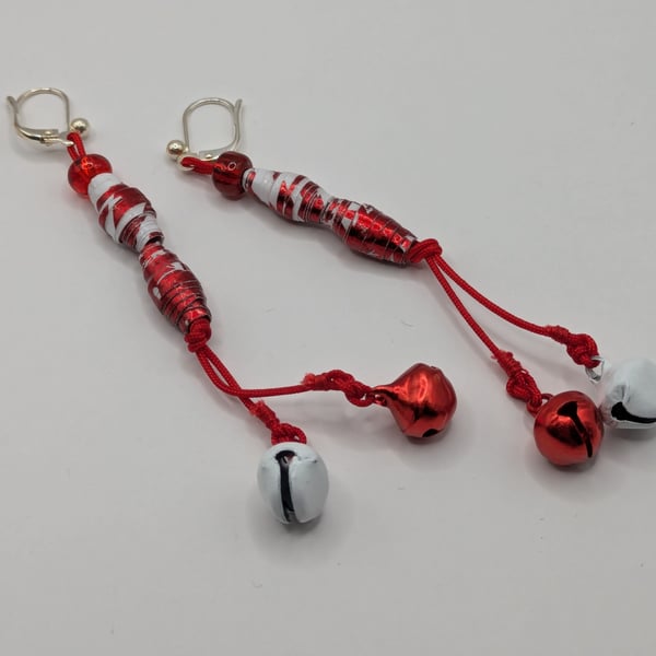 Red and White Paper Bead Christmas Double Bell Earrings 