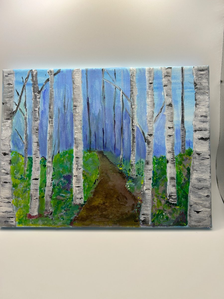 Birch tree wood acrylic painting original 12x10"