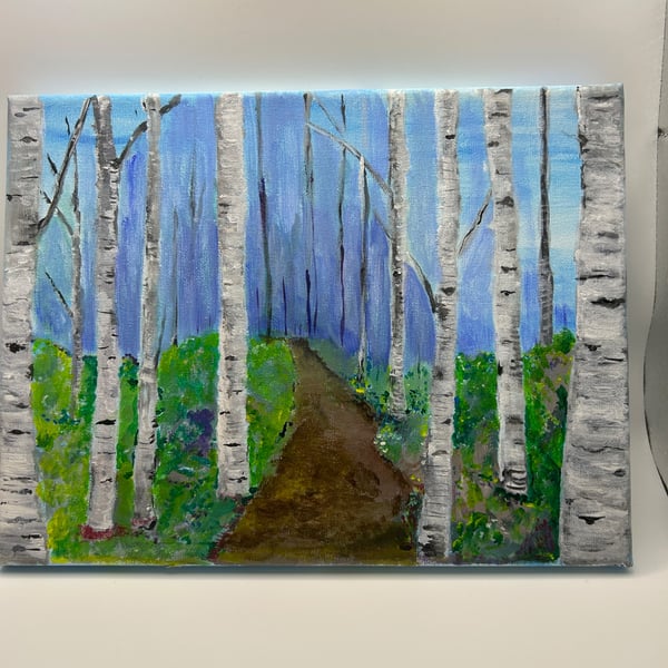 Birch tree wood acrylic painting original 12x10"