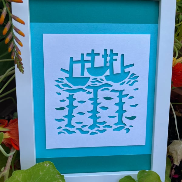 Three Ships Mural framed papercut