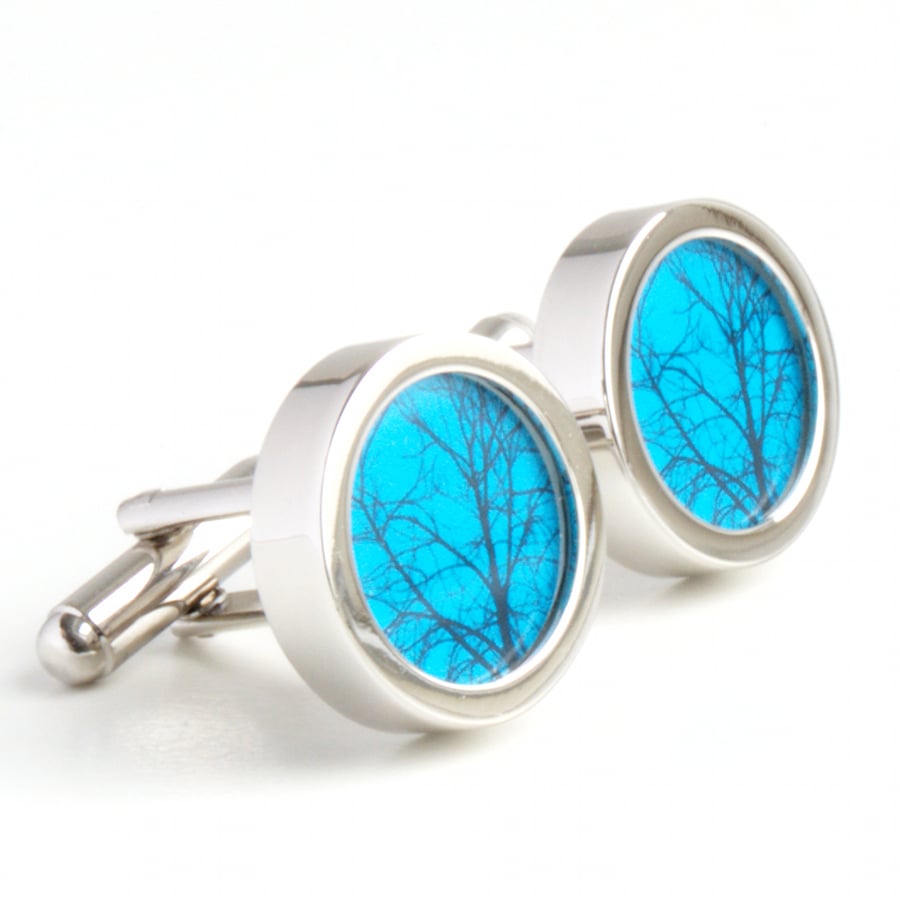 Abstract Tree Cufflinks on a Teal Background