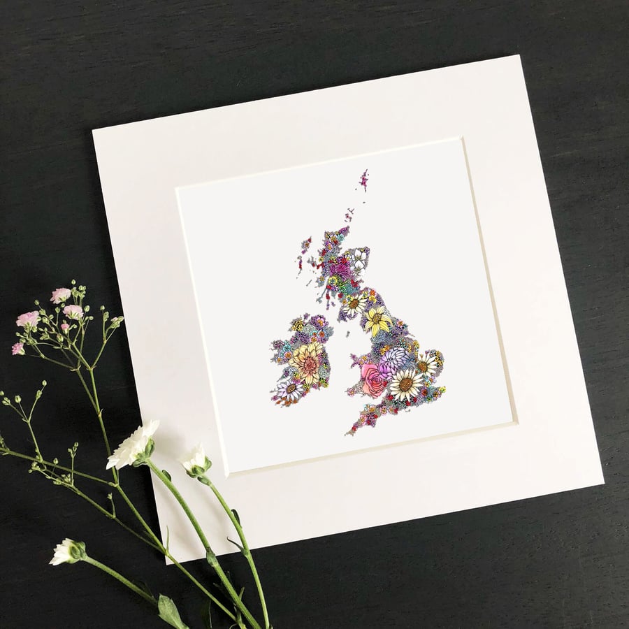 'UK Map' 8" x 8" Mounted Print
