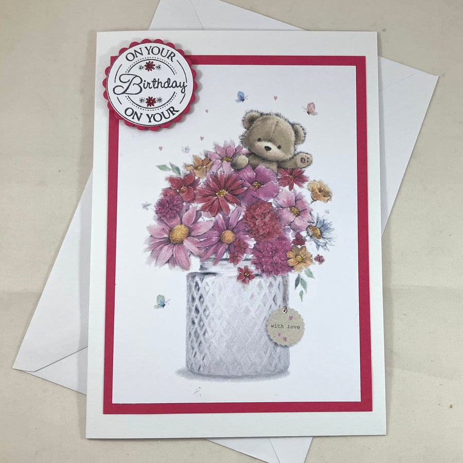 Bear with flower vase birthday card