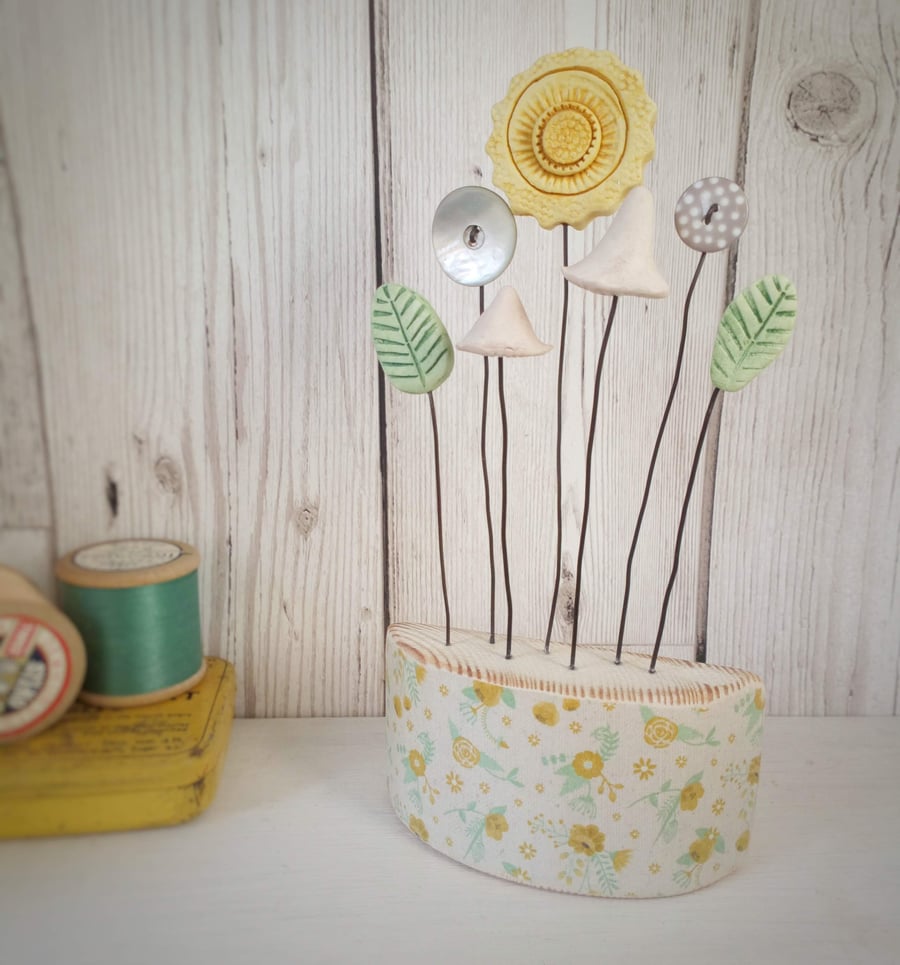 Clay and Button Flowers & toadstools in a floral wood block