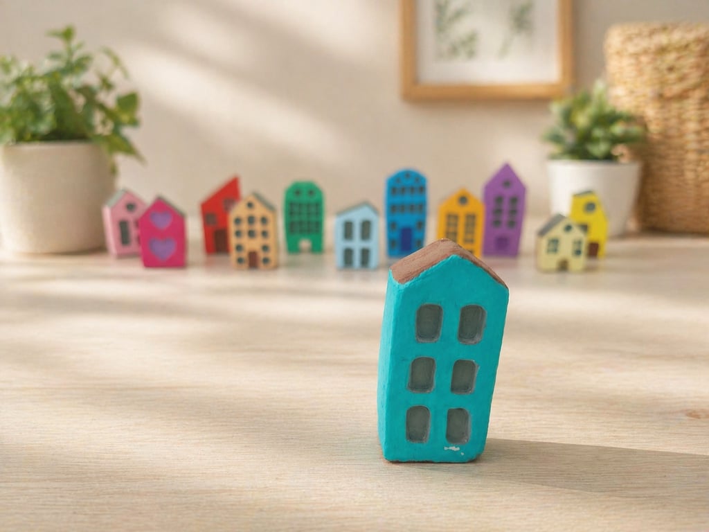 Handmade Mini Clay House - Teal Painted Village Decor