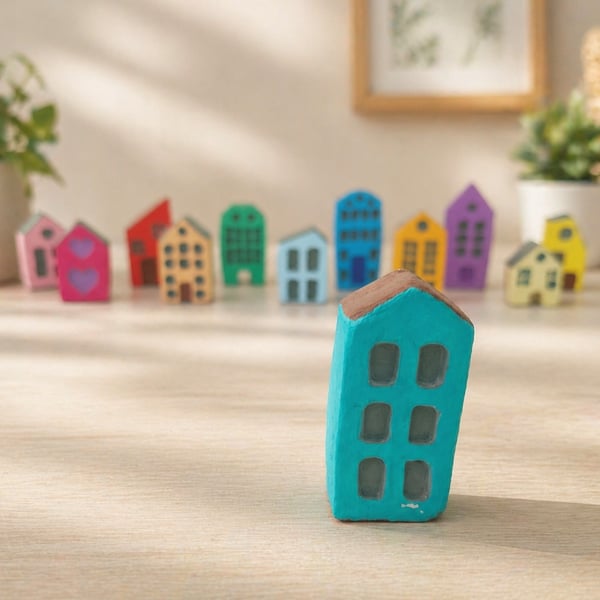 Handmade Mini Clay House - Teal Painted Village Decor