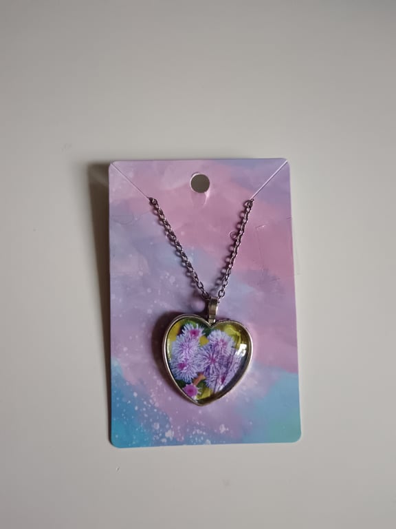 Beautiful purple flower ageratum houstonianum heart shaped pendant necklace