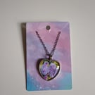 Beautiful purple flower ageratum houstonianum heart shaped pendant necklace