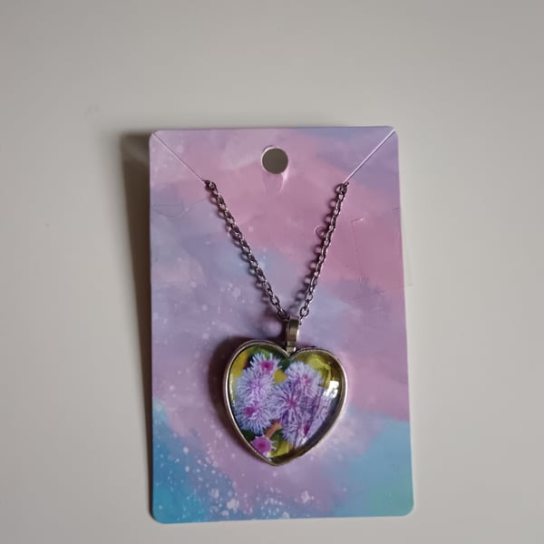 Beautiful purple flower ageratum houstonianum heart shaped pendant necklace