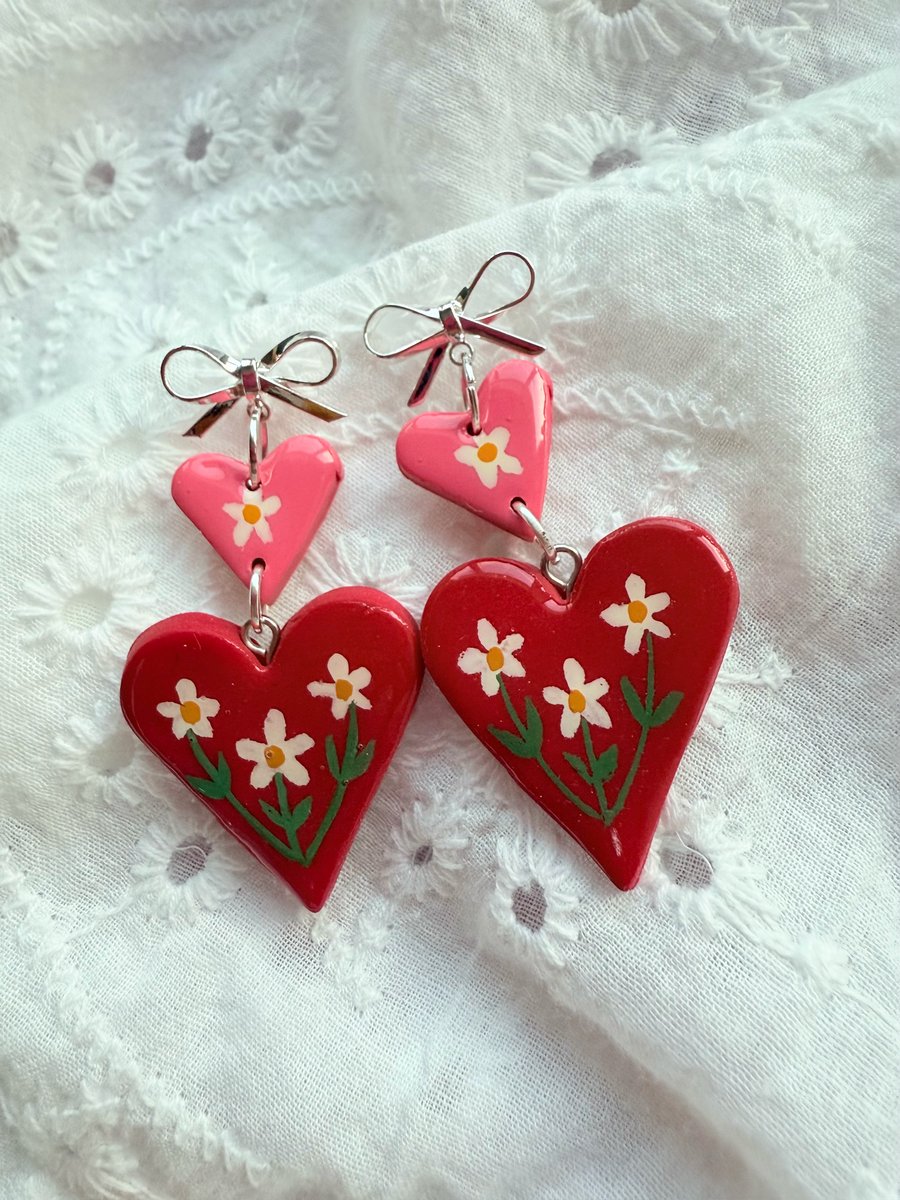 Pink and Red Floral Heart Dangle Statement Earrings - FREE SHIPPING