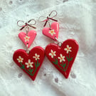 Pink and Red Floral Heart Dangle Statement Earrings - FREE SHIPPING