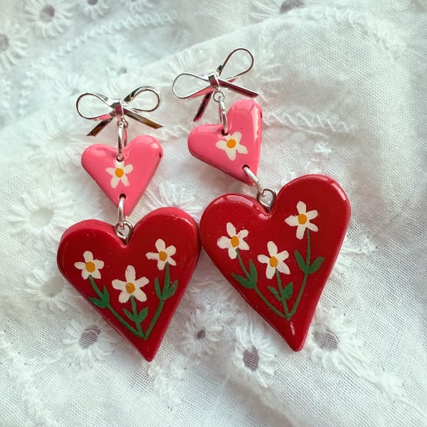Pink and Red Floral Heart Dangle Statement Earrings - FREE SHIPPING