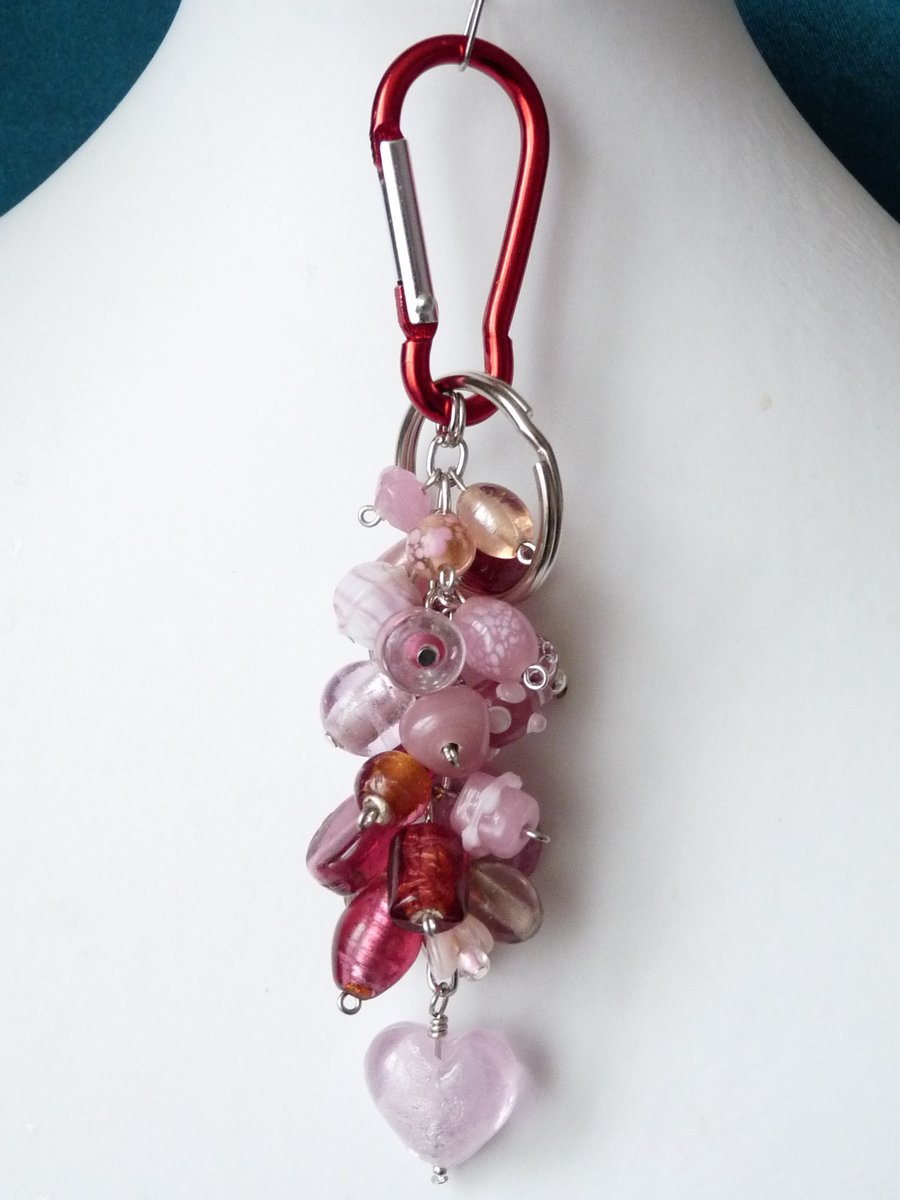 Pink Indian Glass Beaded Keyring Bag charm - Handmade 