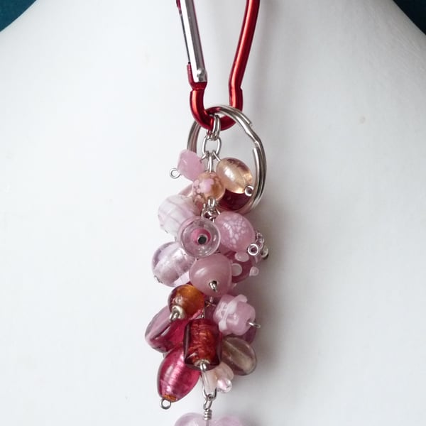 Pink Indian Glass Beaded Keyring Bag charm - Handmade 