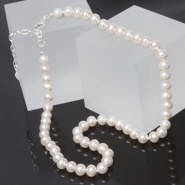 White Freshwater Pearl Necklace with Heart Detail Extension Chain
