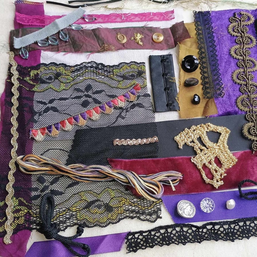 Goth inspiration bundle - fabric & trim for slow stitching, textile art, crafts