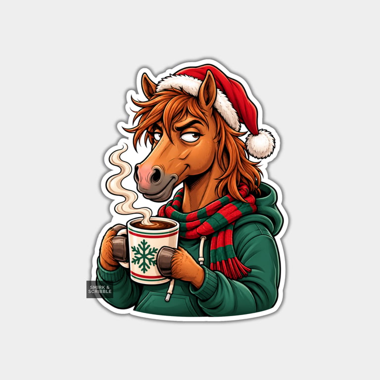 Funny Christmas Sticker Vinyl Xmas Decal For Adults - Horse In Hoodie