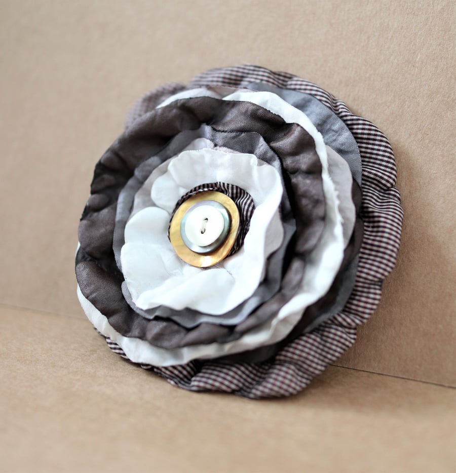 SALE -Up-cycled brown and ivory checkered textile floral design brooch-hair clip