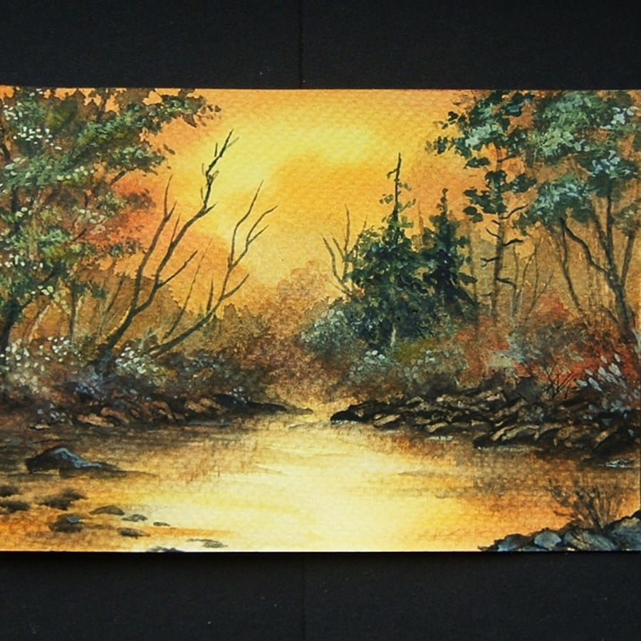 sunset river landscape painting art postcard original. ref 401