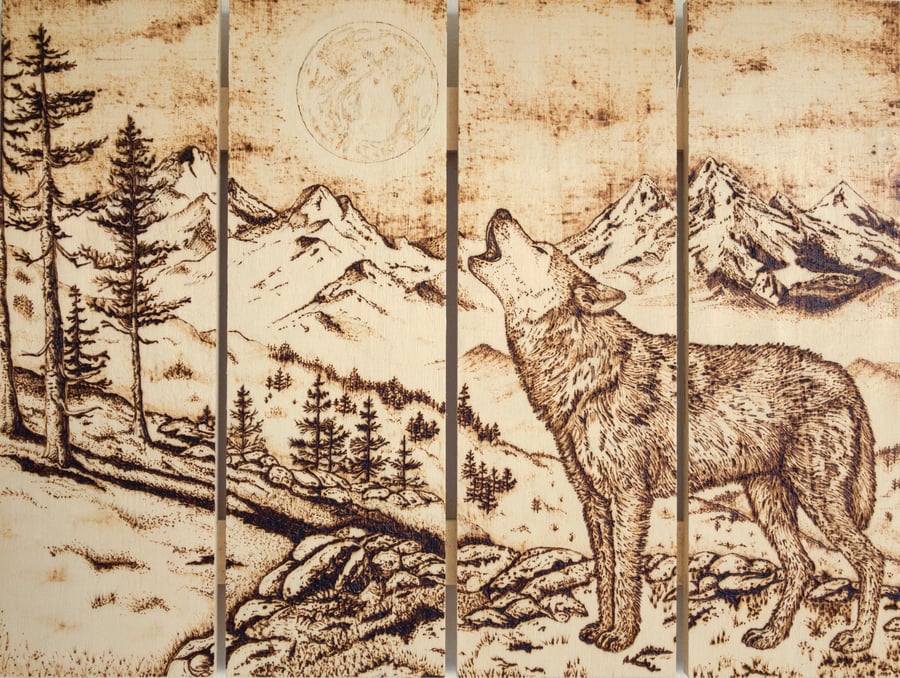 Wild Mountain Wolf - Wood-Burned Slatted Wall Art