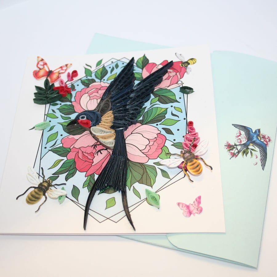 Swallow & Roses Quilled Card