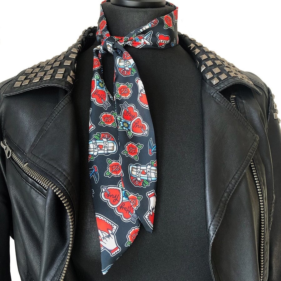 Tattoo Love Print Skinny Scarf by Dolly Cool - Faux Silk -  Neck or Hair