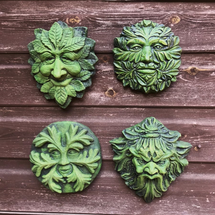 Pagan Set of 4 Green Man Plaques plus Free Pocket Green Man