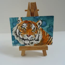 ACEO Smiling Tiger Original Watercolour & Ink Painting OOAK 