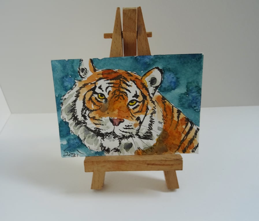 ACEO Smiling Tiger Original Watercolour & Ink Painting OOAK 