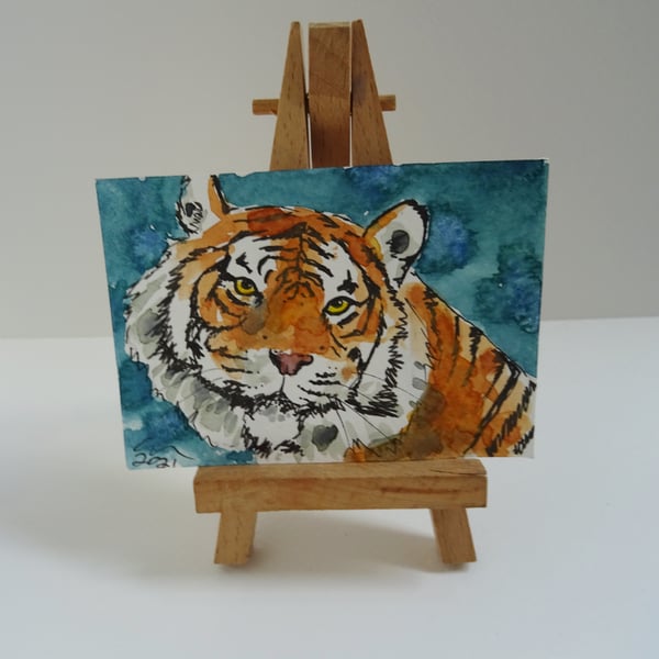 ACEO Smiling Tiger Original Watercolour & Ink Painting OOAK 