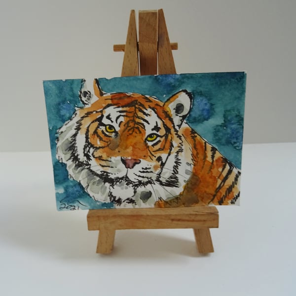 ACEO Smiling Tiger Original Watercolour & Ink Painting OOAK 