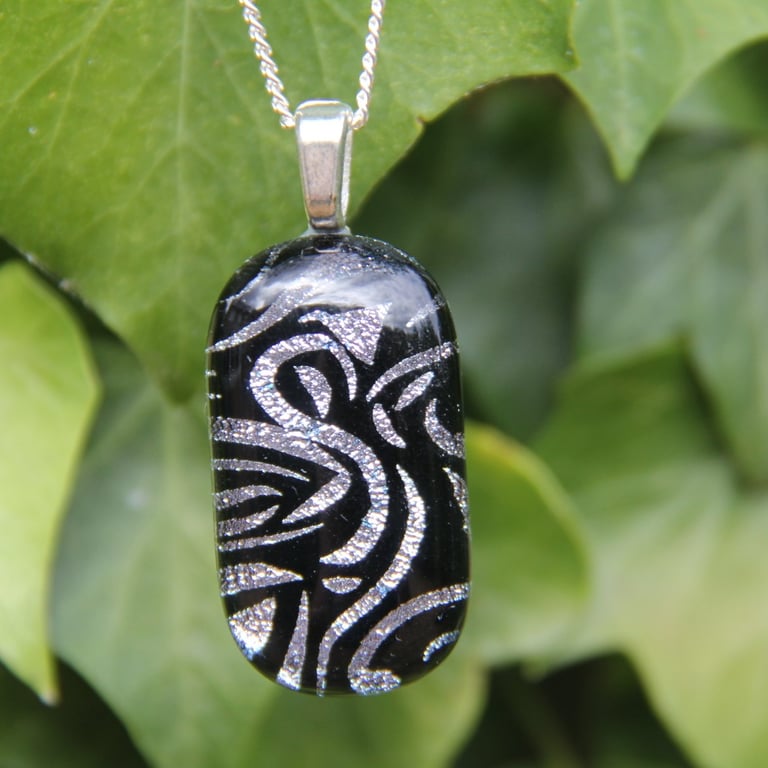 Handmade Silver flame dichroic glass pendant, fused glass necklace SKU F11