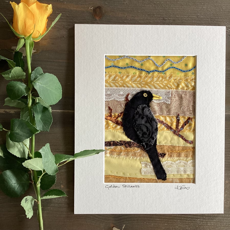 Blackbird textile art, hand stitched, embroidery, fabric collage, bird artwork