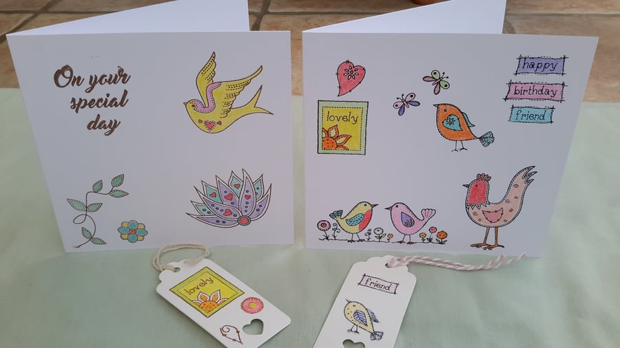 2 x Cards & Gift tags, Hand Printed & Coloured, 1 x Friend,1 x General, Birthday