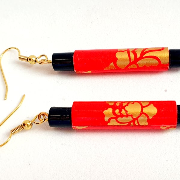 Red paper beaded earrings in the Chinese style