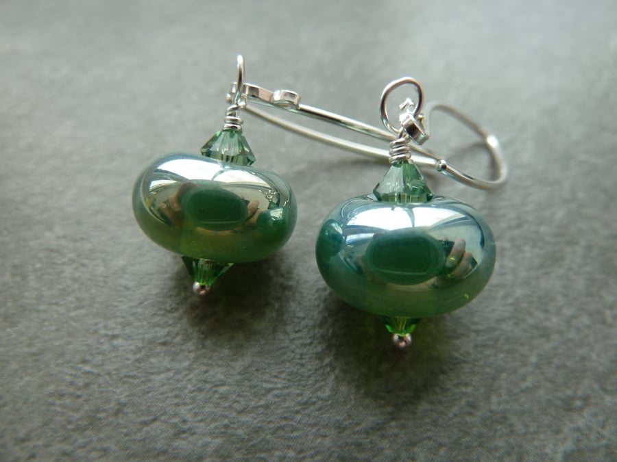 Sterling silver earrings, green metallic 